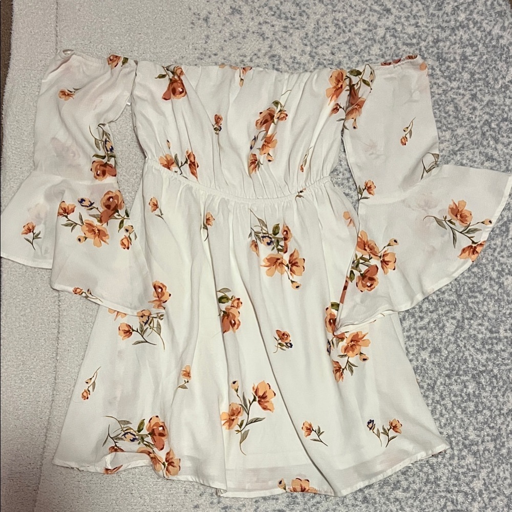 Lulu's White and Orange Floral Off-Shoulder Dress
